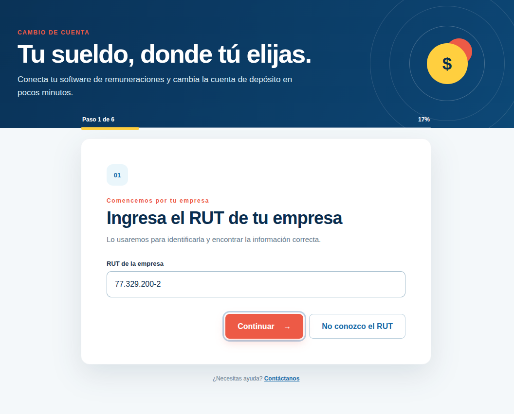 Formulario web de cambio de cuenta, con la marca del banco embebida en su sitio.